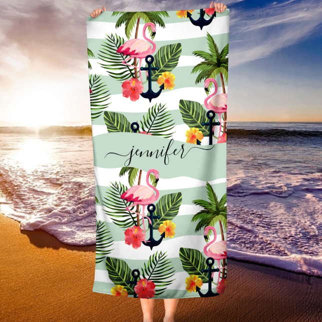 Serviette De Plage Flamants roses rose hawaïen tropical Feuilles de p (Tropical Hawaiian Pink Flamingoes Palm Tree Leaves Beach Towel)
