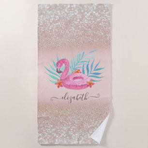 Serviette De Plage Flamingo Pool Float Glitter Bokeh