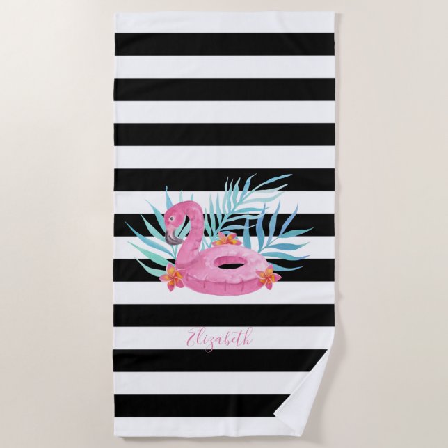 Serviette De Plage Flamingo Pool Float Rayures noires et blanches  (Devant)