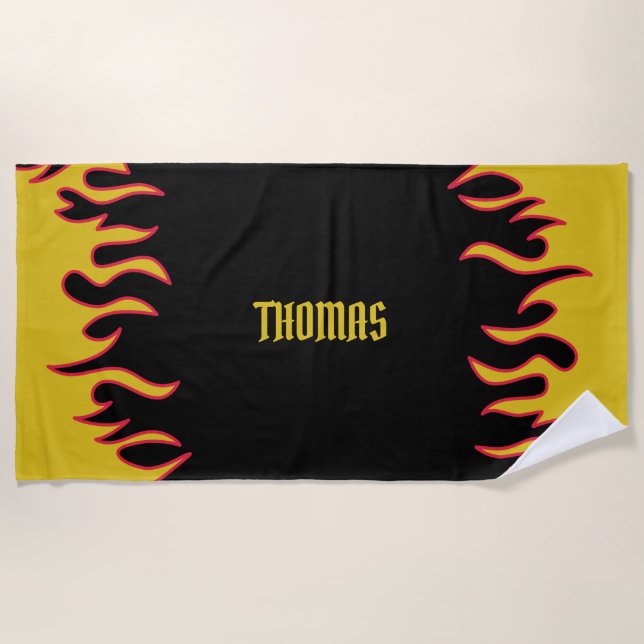 Serviette De Plage Flammes Jaune, Rouge et Noir Personnalisées (Devant)