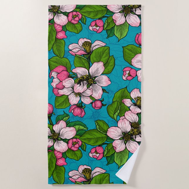 Serviette De Plage Fleur d'Apple sur le turquoise (Devant)