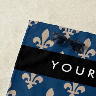 Serviette De Plage Fleur de Lis, Beige sur Bleu Nuit, Royal, Votre No