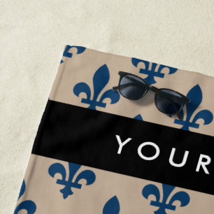 Serviette De Plage Fleur de Lis, Bleu Marine sur Beige, Royal, Votre