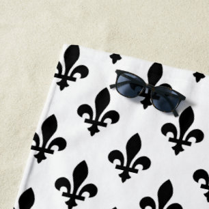 Serviette De Plage Fleur de Lis Motif, Royal French, Noir sur Blanc