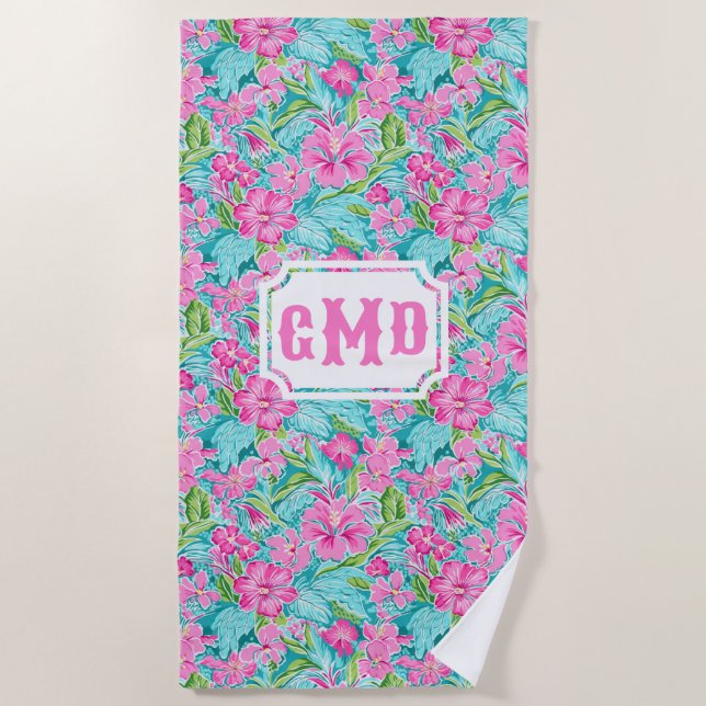Serviette De Plage Fleur d'Hibiscus tropicaux de Preppy | Monogramme (Devant)