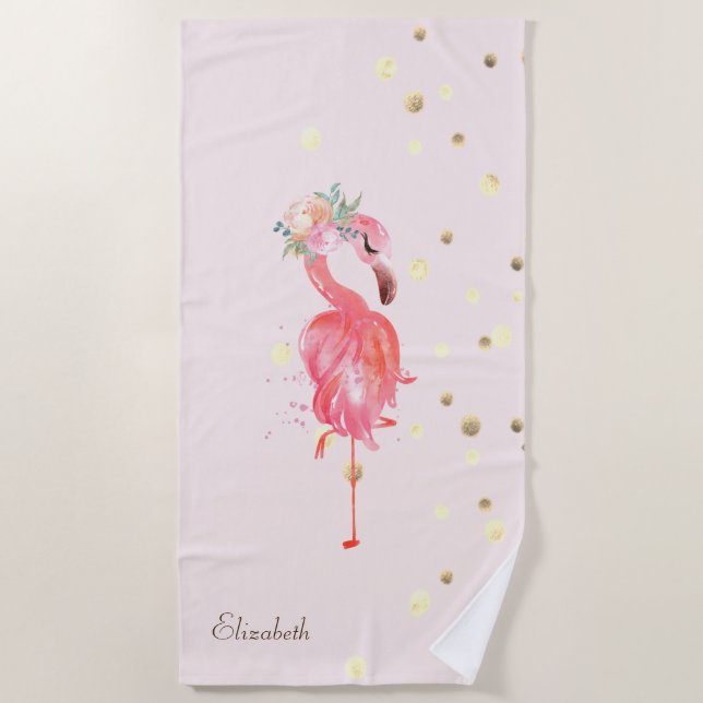 Serviette De Plage Fleur Flamant rose rose, Confetti Or (Devant)