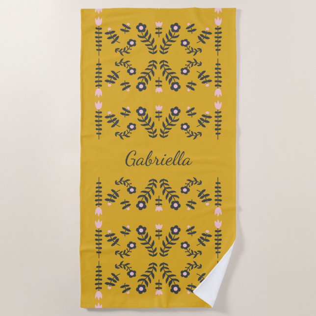 Serviette De Plage Fleur folk scandinave jaune Personnalisée (Devant)