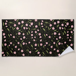 Serviette De Plage Fleur mignonne, rose sur noir avec motif répétitif