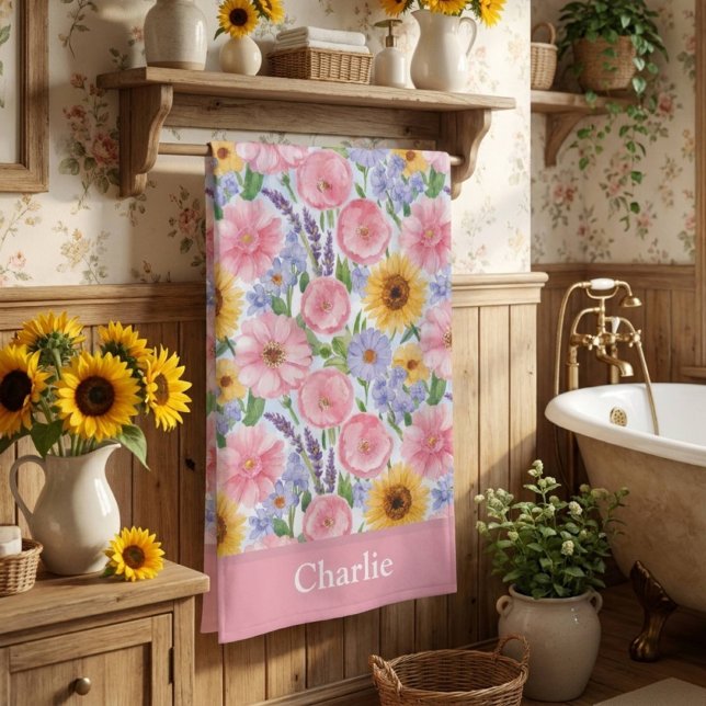 Serviette De Plage Fleur Rose Personnalisée Élégante (Créateur téléchargé)
