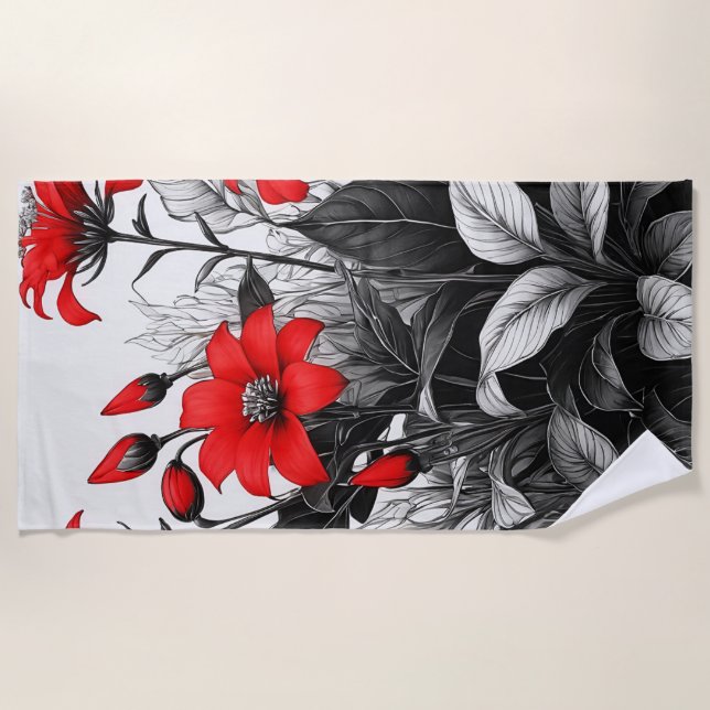 Serviette De Plage Fleur rouge sur Plante noir blanc (Devant)