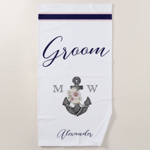 Serviette De Plage Fleurs d'ancrage de mariage nautique Rose Navy Mar