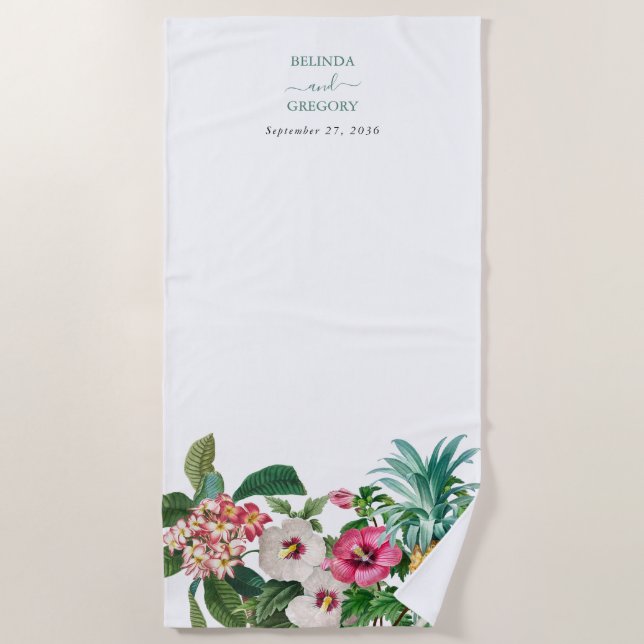 Serviette De Plage Fleurs d'aquarelle tropicale et Mariage de verdure (Devant)