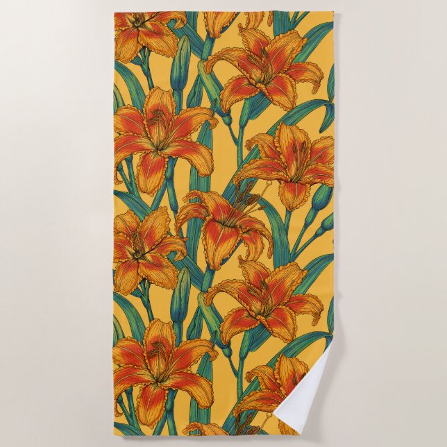 Serviette De Plage Fleurs de jour tawny, bleu et jaune (Devant)