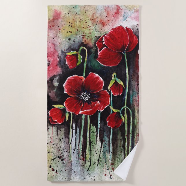 Serviette De Plage Fleurs De Pavot En Aquarelle (Devant)