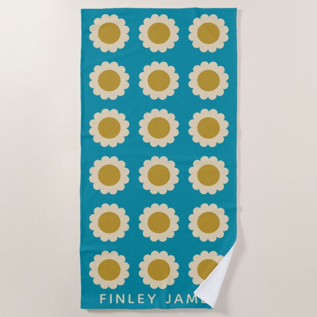 Serviette De Plage Fleurs de Pop Retro Motif Turquoise Personnalisé (Devant)