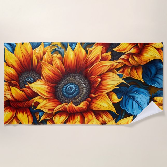 Serviette De Plage Fleurs de soleil jaune rouge et bleu (Devant)