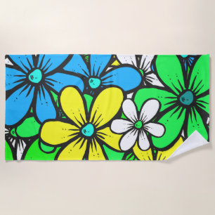 Serviette De Plage Fleurs d'été assez brillantes Bleu Jaune et Vert