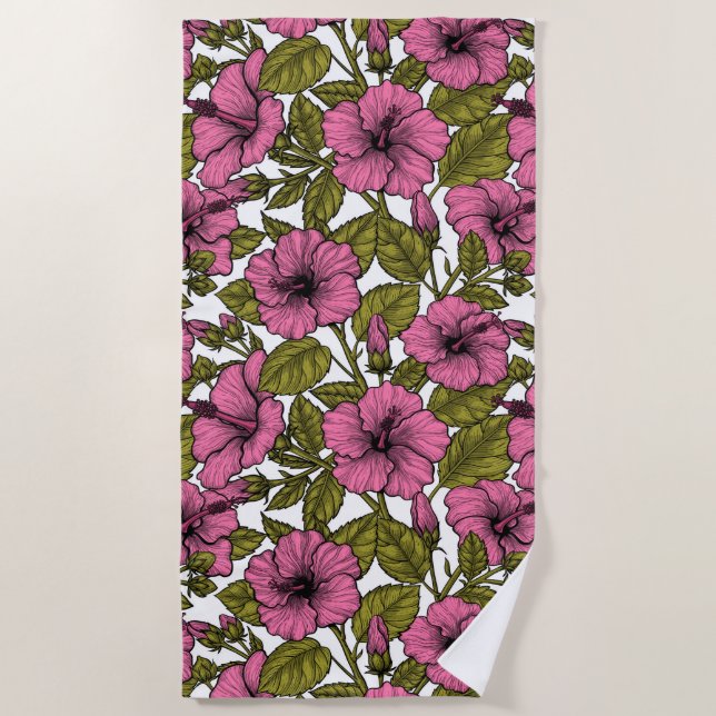Serviette De Plage Fleurs d'hibiscus roses (Devant)
