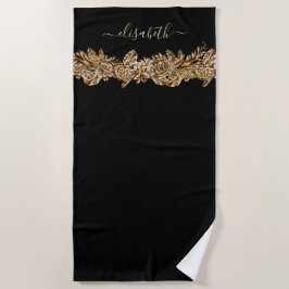 Serviette De Plage Fleurs d'or de luxe Elégant Chic Classy Noir