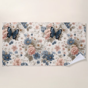 Serviette De Plage Fleurs et papillon roses et bleus de printemps vin