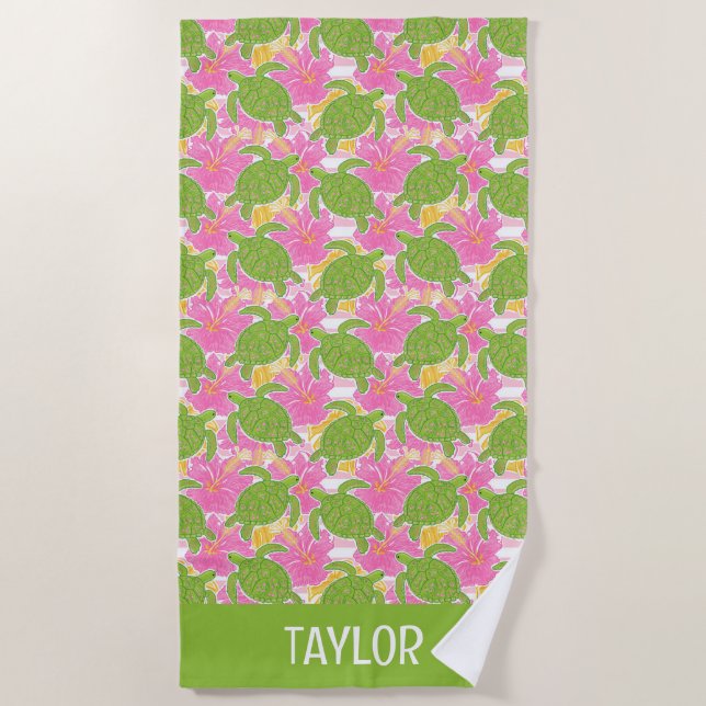 Serviette De Plage Fleurs et tortues roses de Palm Beach (Devant)