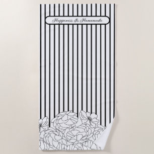 Serviette De Plage Fleurs noires et blanches avec bandes