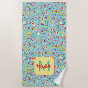Serviette De Plage Fleurs printanières sur monogramme bleu aqua