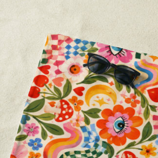 Serviette De Plage Fleurs Rétro Colorées Aquarelle Ville de Plage