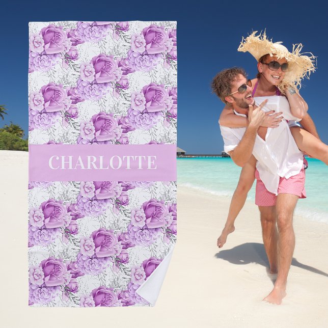 Serviette De Plage Fleurs roses roses rose nom blanc (Créateur téléchargé)