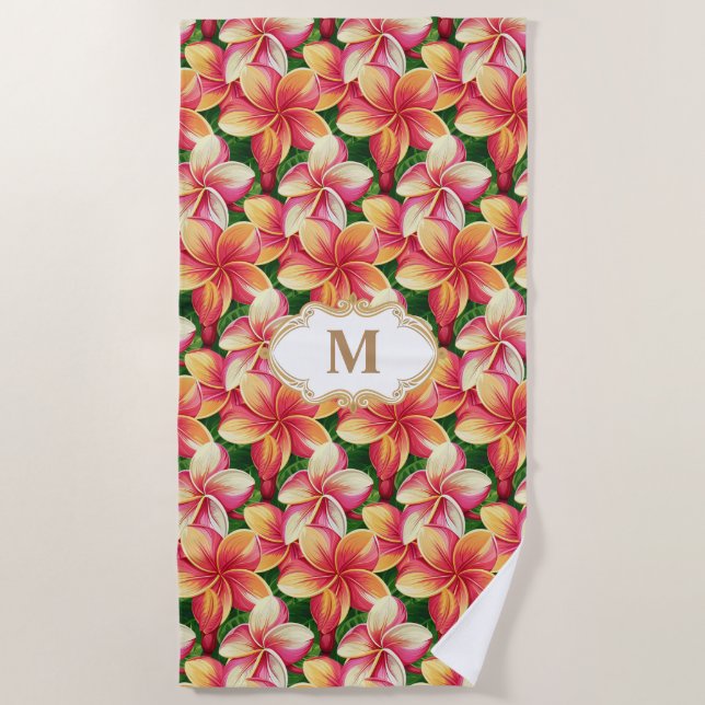 Serviette De Plage Fleurs roses tropicales monogrammes sur vert fores (Devant)