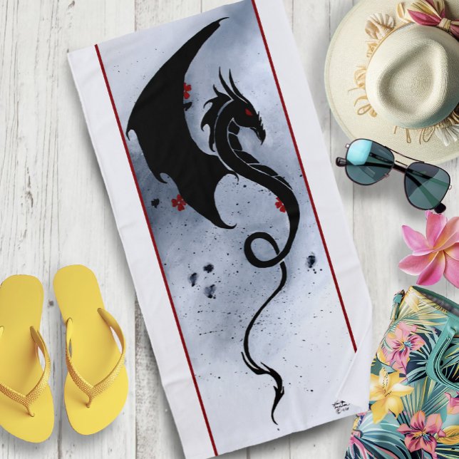 Serviette De Plage Fleurs rouges bleues Dragon noir (Créateur téléchargé)