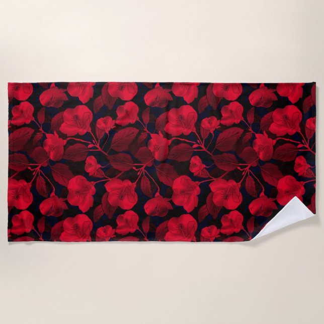Serviette De Plage Fleurs rouges sur noir (Devant)