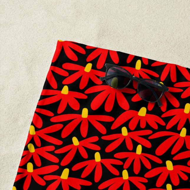 Serviette De Plage Fleurs stylisées - Rouge, Ambre et Noir (En situation)