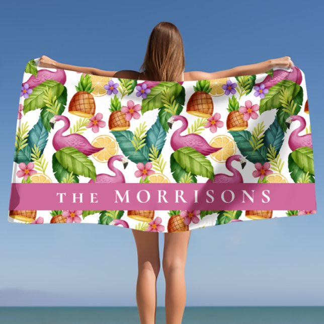 Serviette De Plage Fleurs tropicales et Flamant rose rose Feuille Per (Tropical Flowers and Leaves Pink Flamingo Custom Beach Towel)