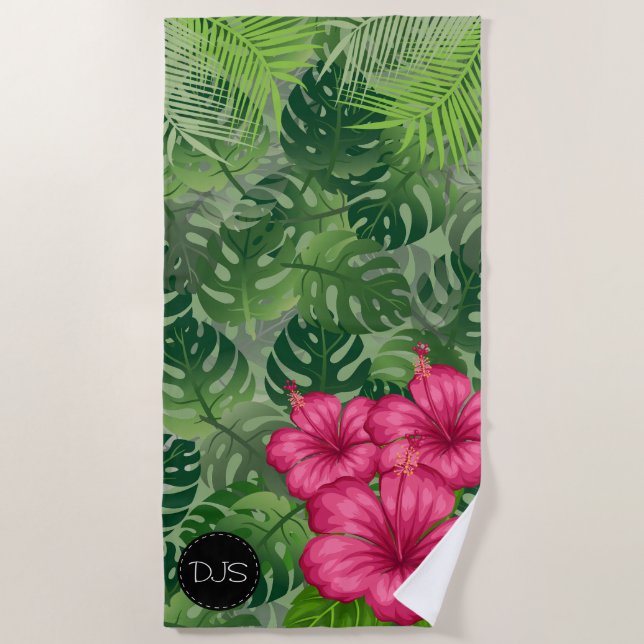 Serviette De Plage Fleurs 🏝 tropicales exotiques et Feuilles de palm (Devant)