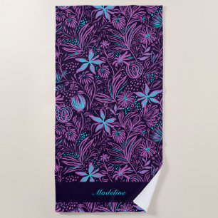Serviette De Plage Fleurs tropicales violettes et bleues  Personnalis