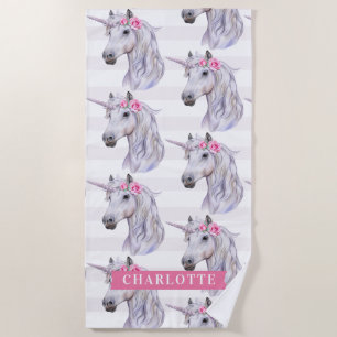 Serviette De Plage Fleurs Unicorne mignonnes sur Arrière - plan de la