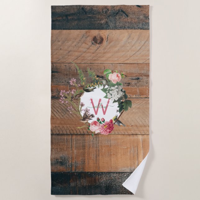 Serviette De Plage Fleurs Vintages en bois rustique monogrammé (Devant)