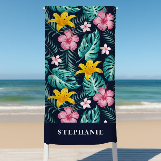 Serviette De Plage Fleuve Tropical Marine Et Hibiscus Rose (Créateur téléchargé)