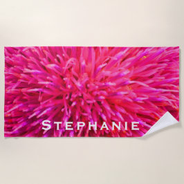 Serviette De Plage Floral Abstrait rose chaud avec nom blanc
