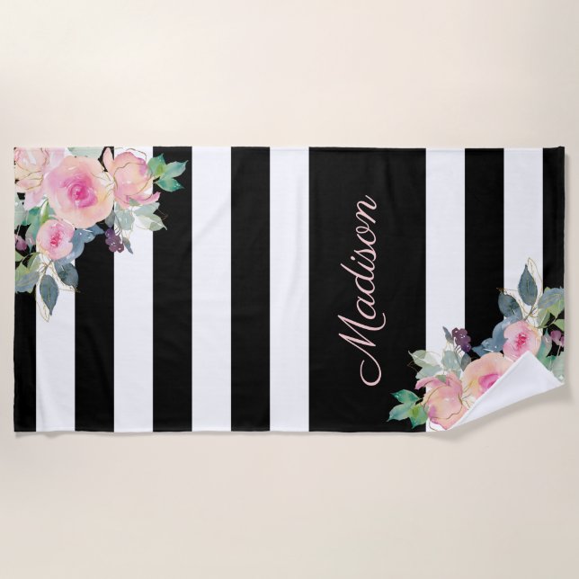 Serviette De Plage Floral Elegant Stripes Nom Rose Noir Blanc (Devant)