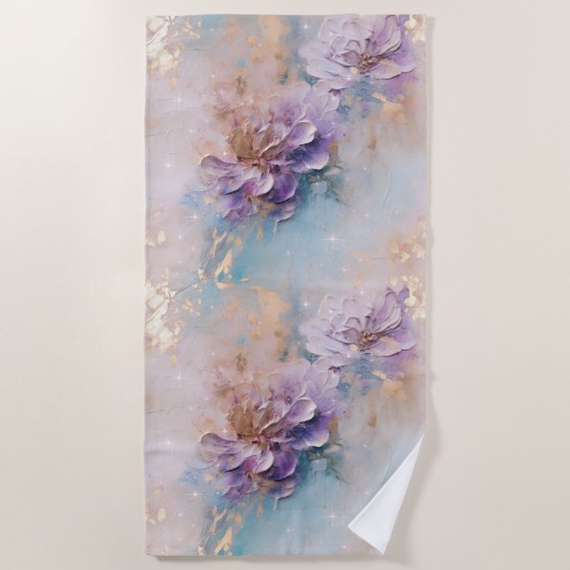 Serviette De Plage Floral féminin violet bleu et or (Devant)