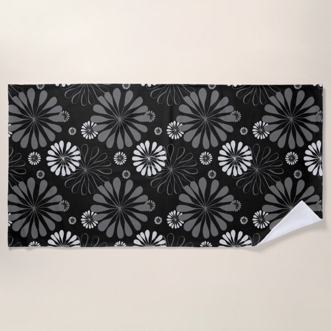 Serviette De Plage Floral noir et blanc rétro (Devant)