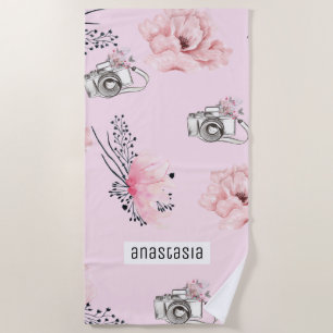 Serviette De Plage Floral Personnalisé Pastel Rose