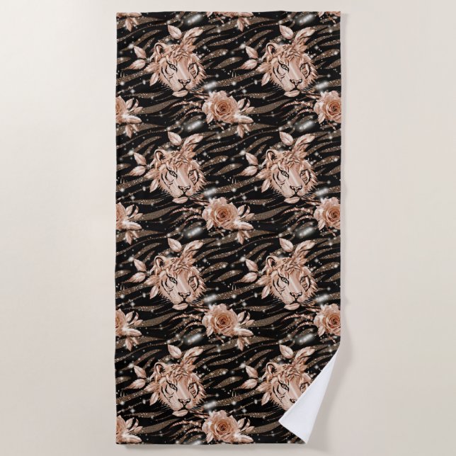 Serviette De Plage Flore de tigre d'or Rose noir (Devant)