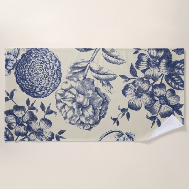 Serviette De Plage Flore d'impression florale de fleurs bleues antiqu (Devant)