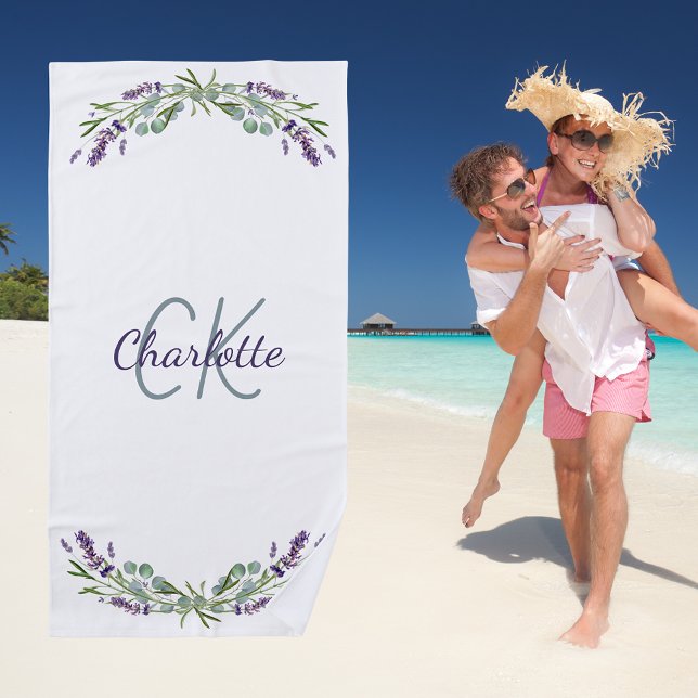 Serviette De Plage Flores violet lavande monogramme nom élégant (Créateur téléchargé)