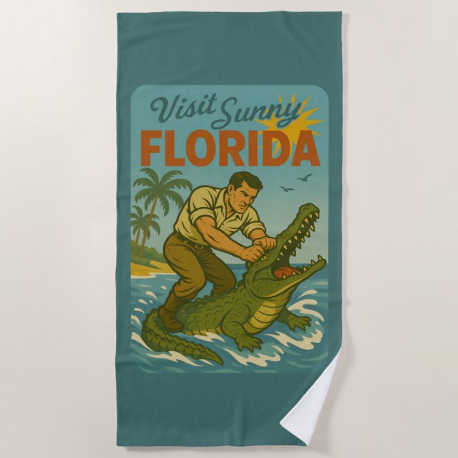 Serviette De Plage Florida Alligator Wrestling | Funny Retro Beach (Devant)