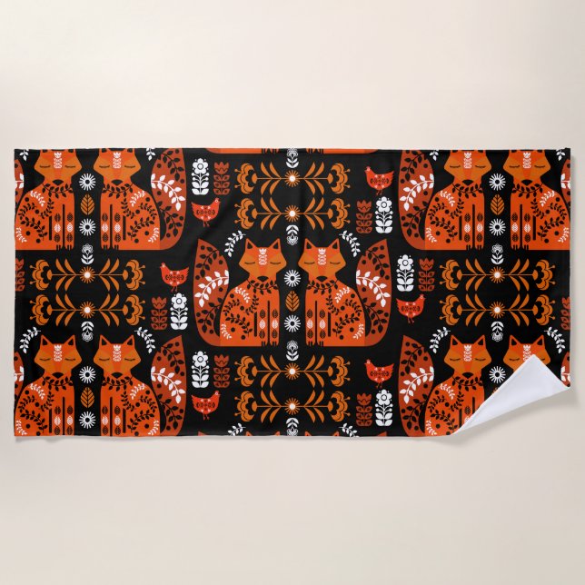 Serviette De Plage Folk Art Fox Et Hen (Devant)