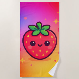 Serviette De Plage Fraise Kawaii souriante sur Pastel Gradient Backg